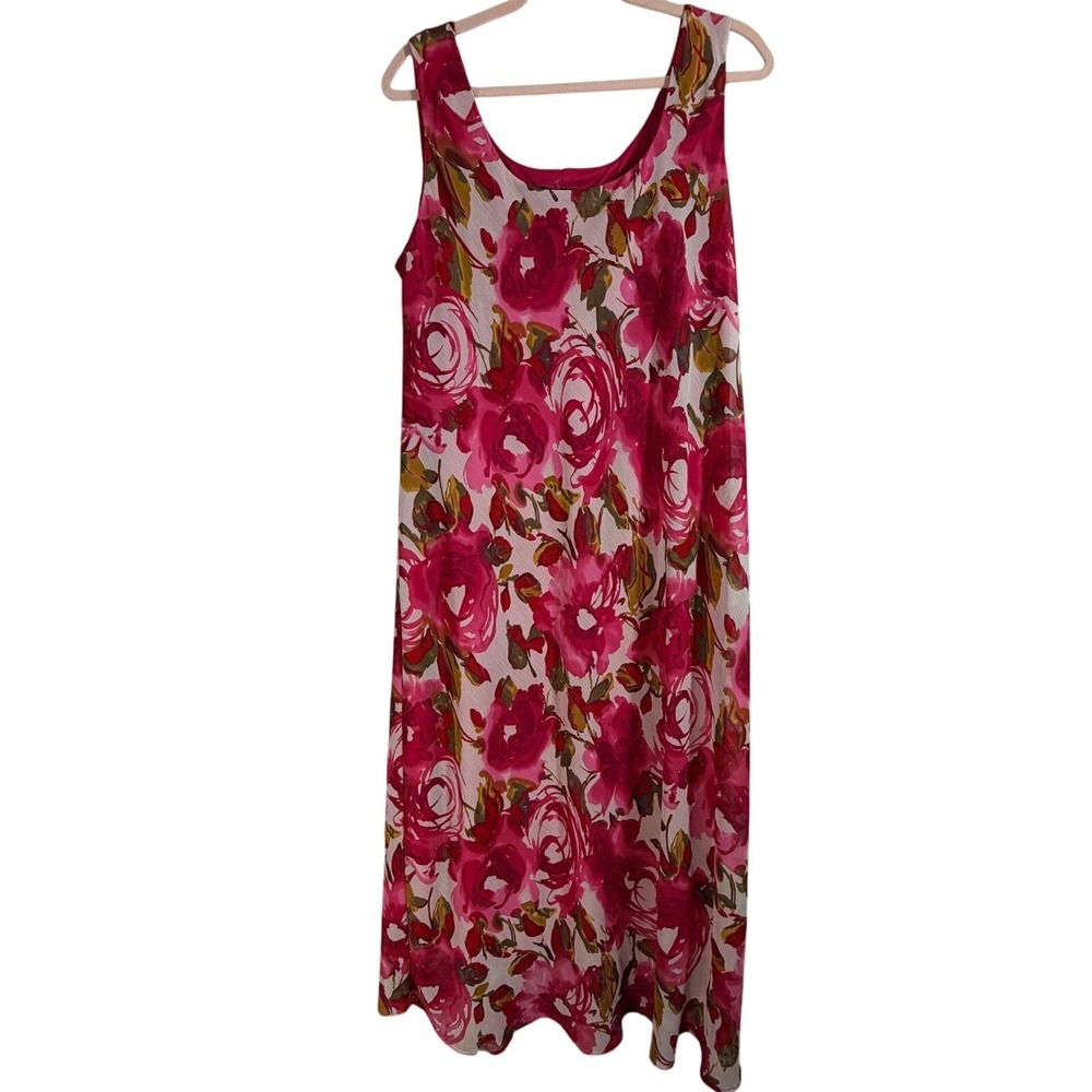 Dana Kay Floral Midi Dress Womens 18W Pink Red Vtg Rose Sleeveless Chiffon